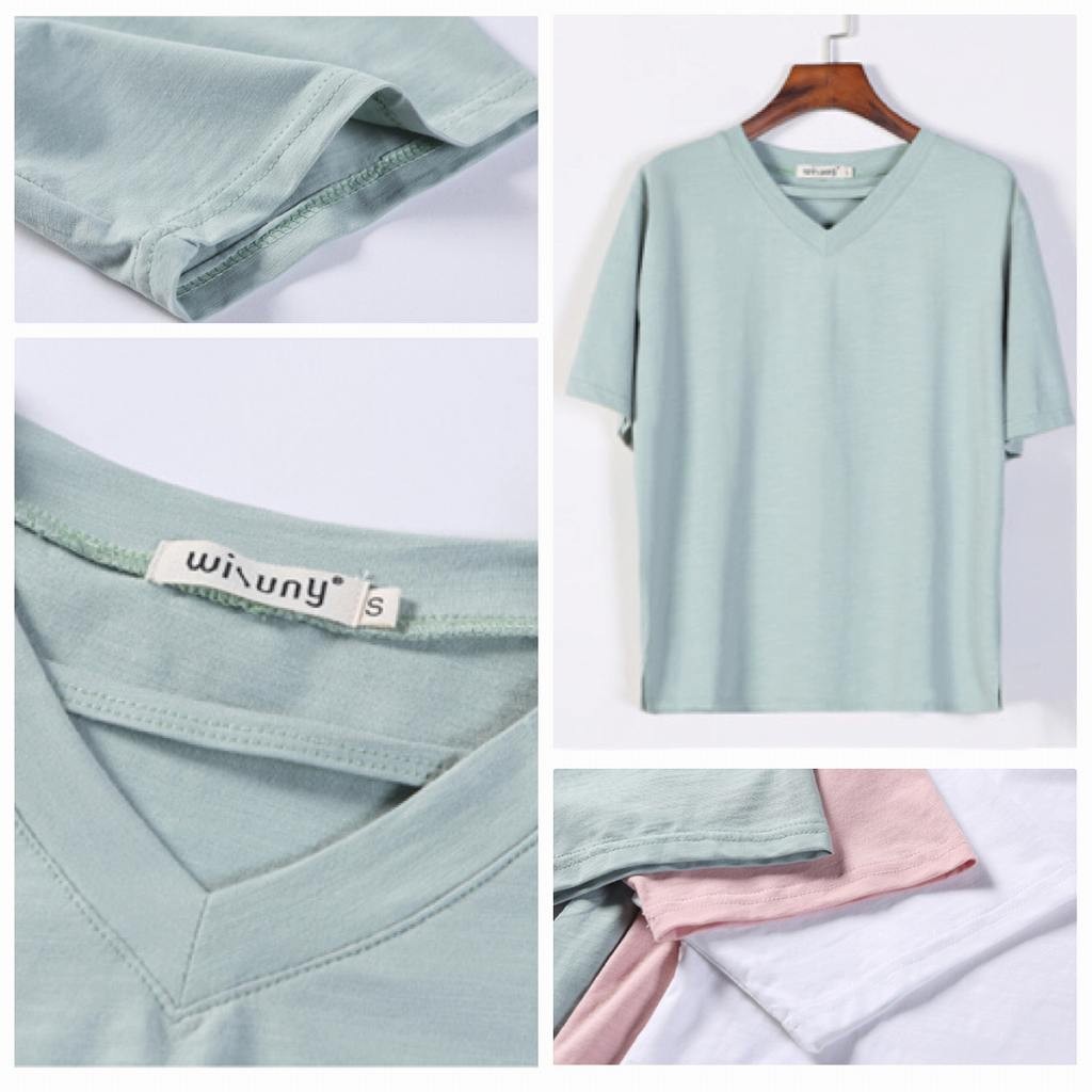 レディース　トップス　Tシャツ　半袖　Vネック　無地　綿　コットン　シンプル　フリーサイズ　ゆったり　おしゃれ　カジュアル　大人可愛い　フェミニン　デート　お出かけ　通勤　普段着　ホワイト　白　ピンク　ライトブルー　送料無料