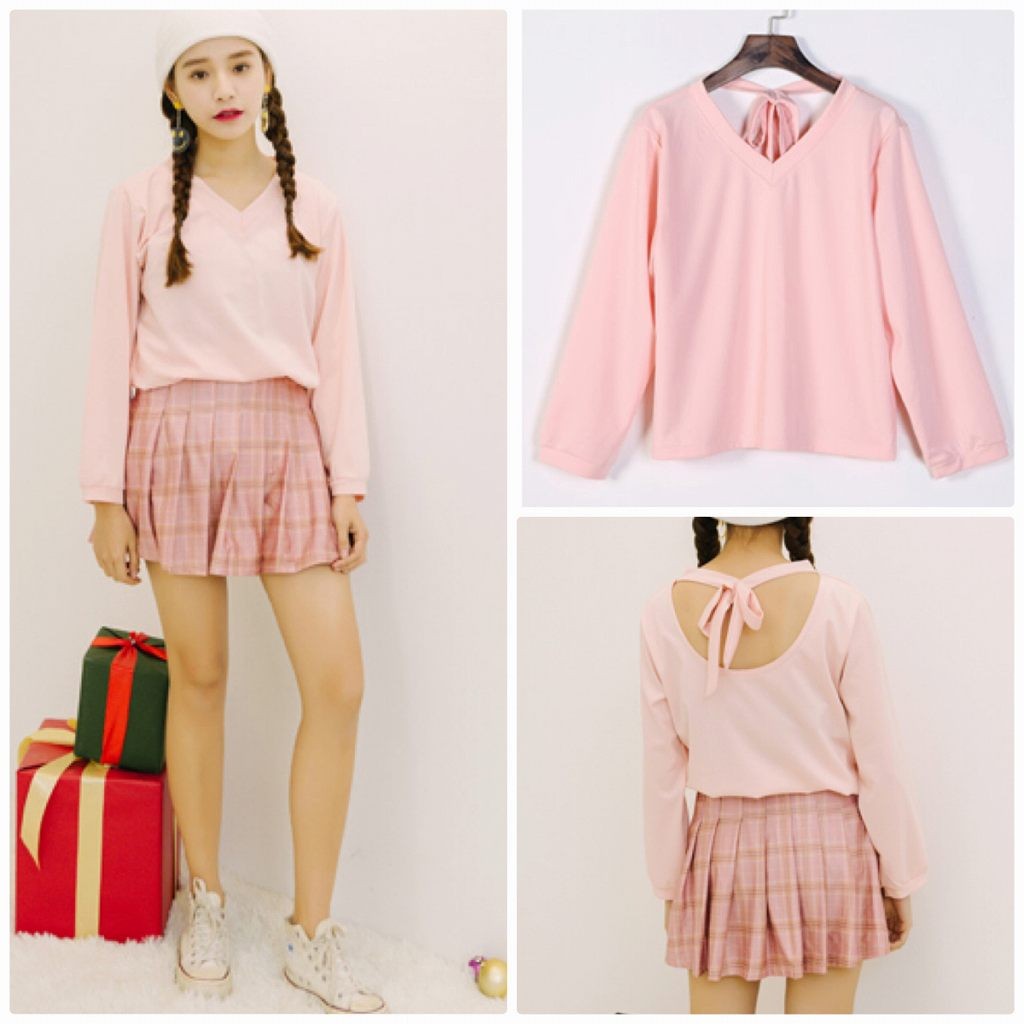 レディース　トップス　Tシャツ　長袖　Ｖネック　バックリボン　綿　コットン　カットソー　シンプル　ゆったり　おしゃれ　カジュアル　大人可愛い　フェミニン　デート　お出かけ　普段着　通勤　ピンク　グレー　送料無料