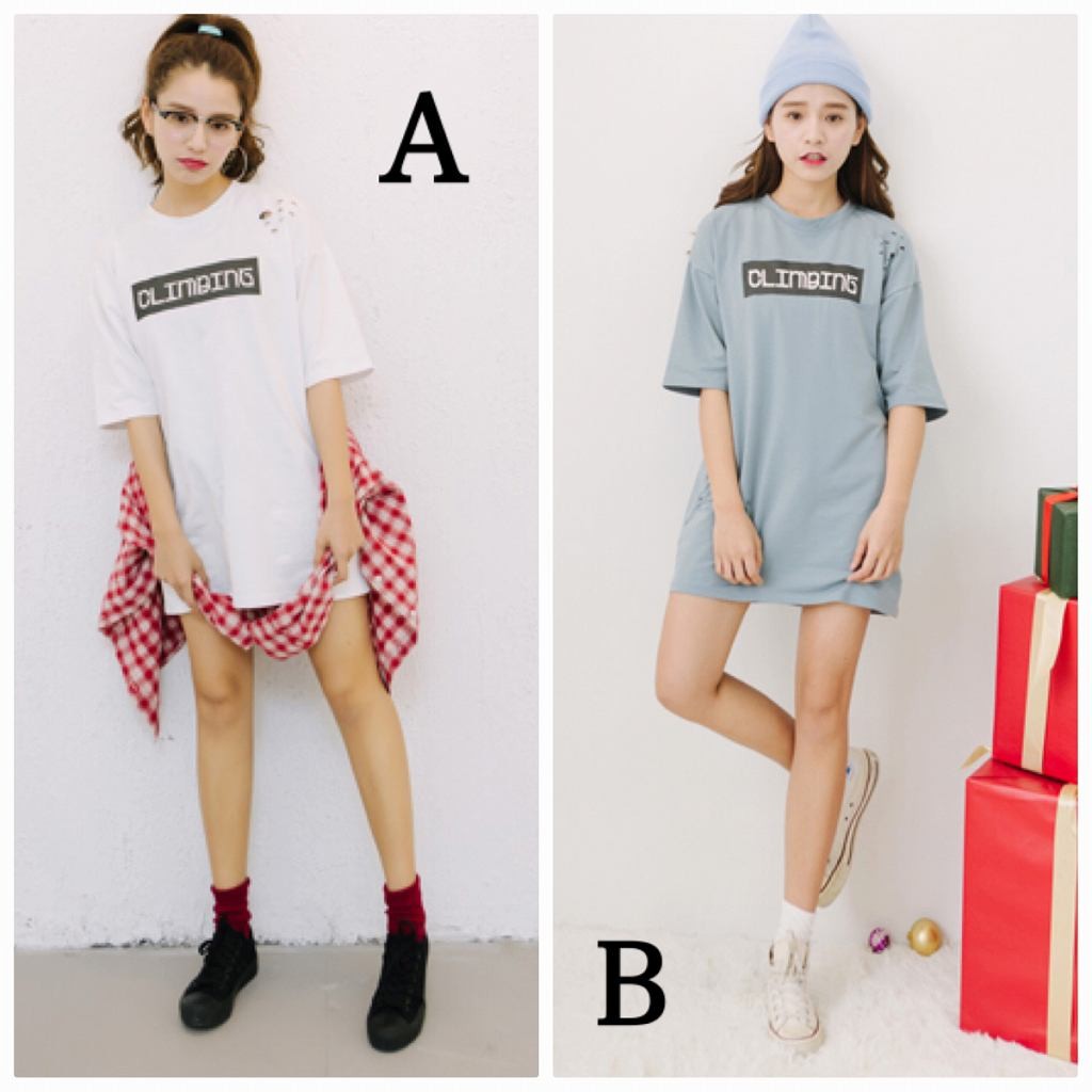 レディース　ワンピース　トップス　Tシャツ　ワンピ　半袖　綿　コットン　ダメージ　破れ　シンプル　英字　プリント　大きいサイズ　ゆったり　おしゃれ　カジュアル　大人可愛い　フェミニン　デート　お出かけ　普段着　ホワイト　ブルー　送料無料