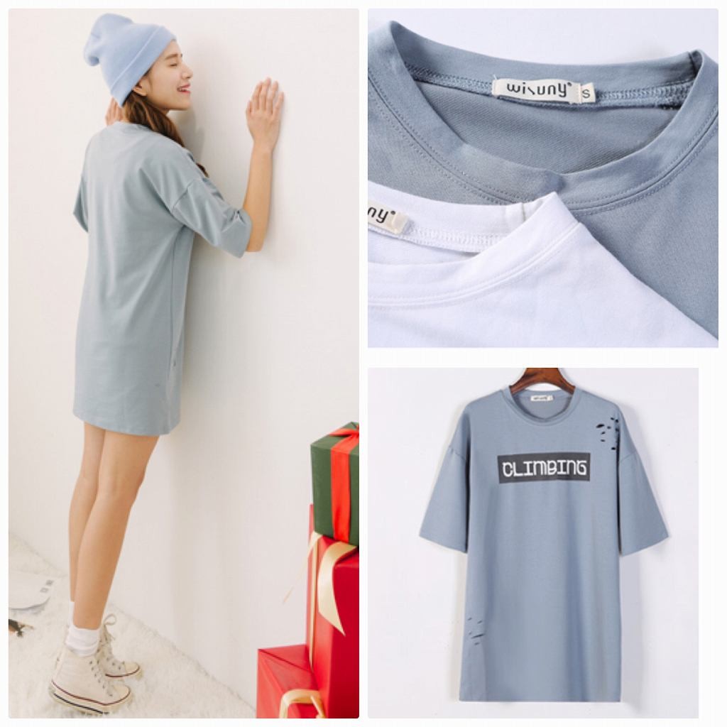 レディース　ワンピース　トップス　Tシャツ　ワンピ　半袖　綿　コットン　ダメージ　破れ　シンプル　英字　プリント　大きいサイズ　ゆったり　おしゃれ　カジュアル　大人可愛い　フェミニン　デート　お出かけ　普段着　ホワイト　ブルー　送料無料