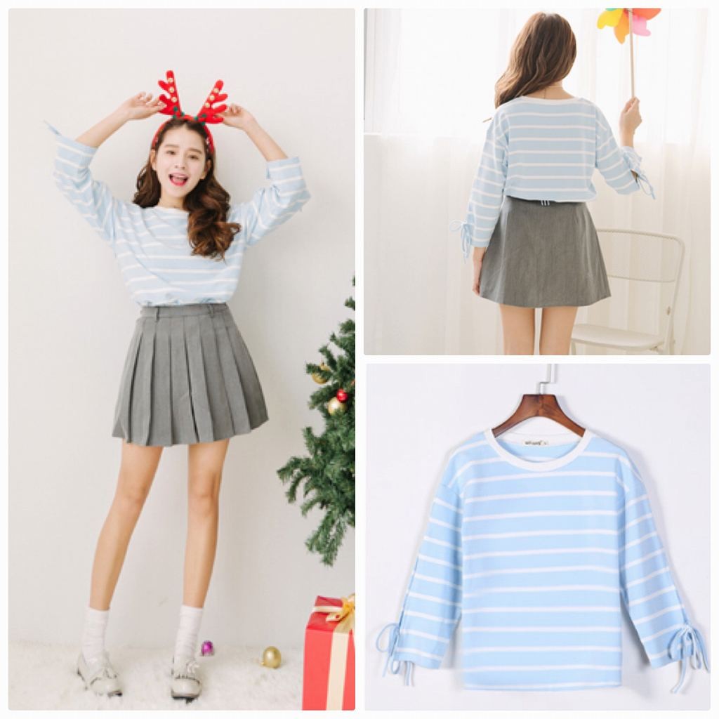 レディース　トップス　Tシャツ　長袖　アームスリット　ボーダー　リボン袖　カットソー　綿　コットン　シンプル　ゆったり　おしゃれ　カジュアル　大人可愛い　フェミニン　デート　お出かけ　普段着　ブルー　ピンク　送料無料