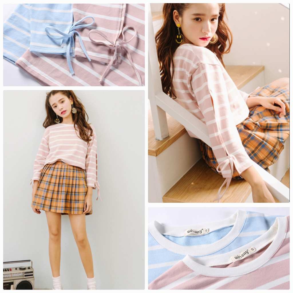 レディース　トップス　Tシャツ　長袖　アームスリット　ボーダー　リボン袖　カットソー　綿　コットン　シンプル　ゆったり　おしゃれ　カジュアル　大人可愛い　フェミニン　デート　お出かけ　普段着　ブルー　ピンク　送料無料
