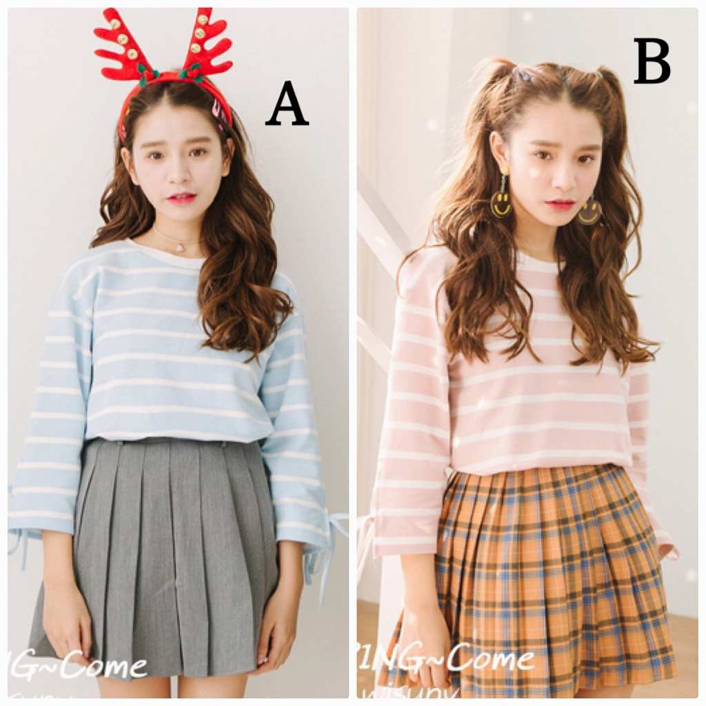 レディース　トップス　Tシャツ　長袖　アームスリット　ボーダー　リボン袖　カットソー　綿　コットン　シンプル　ゆったり　おしゃれ　カジュアル　大人可愛い　フェミニン　デート　お出かけ　普段着　ブルー　ピンク　送料無料