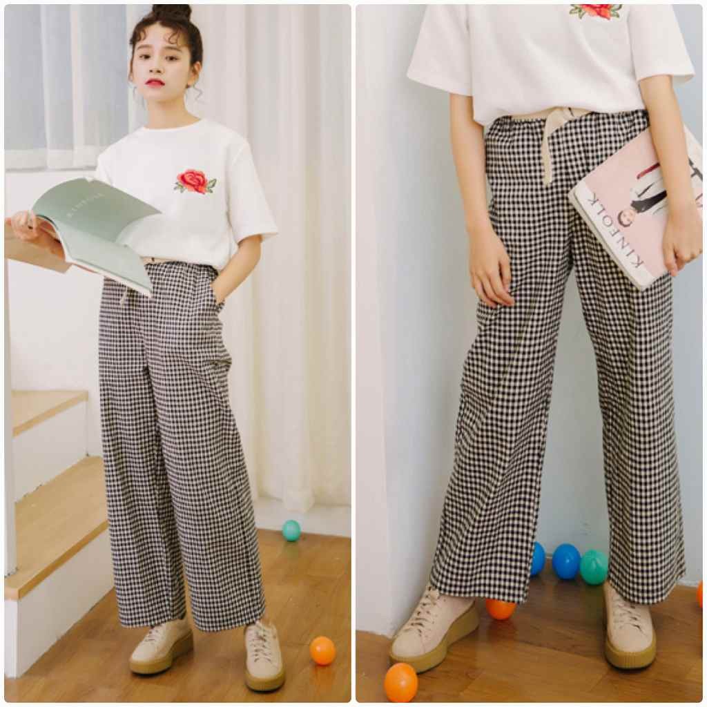 レディース　ボトムス　ワイド　パンツ　チェック　カジュアル　フェミニン　かわいい　シンプル　通勤　OL　普段着　お出かけ　デート　ブラック　送料無料