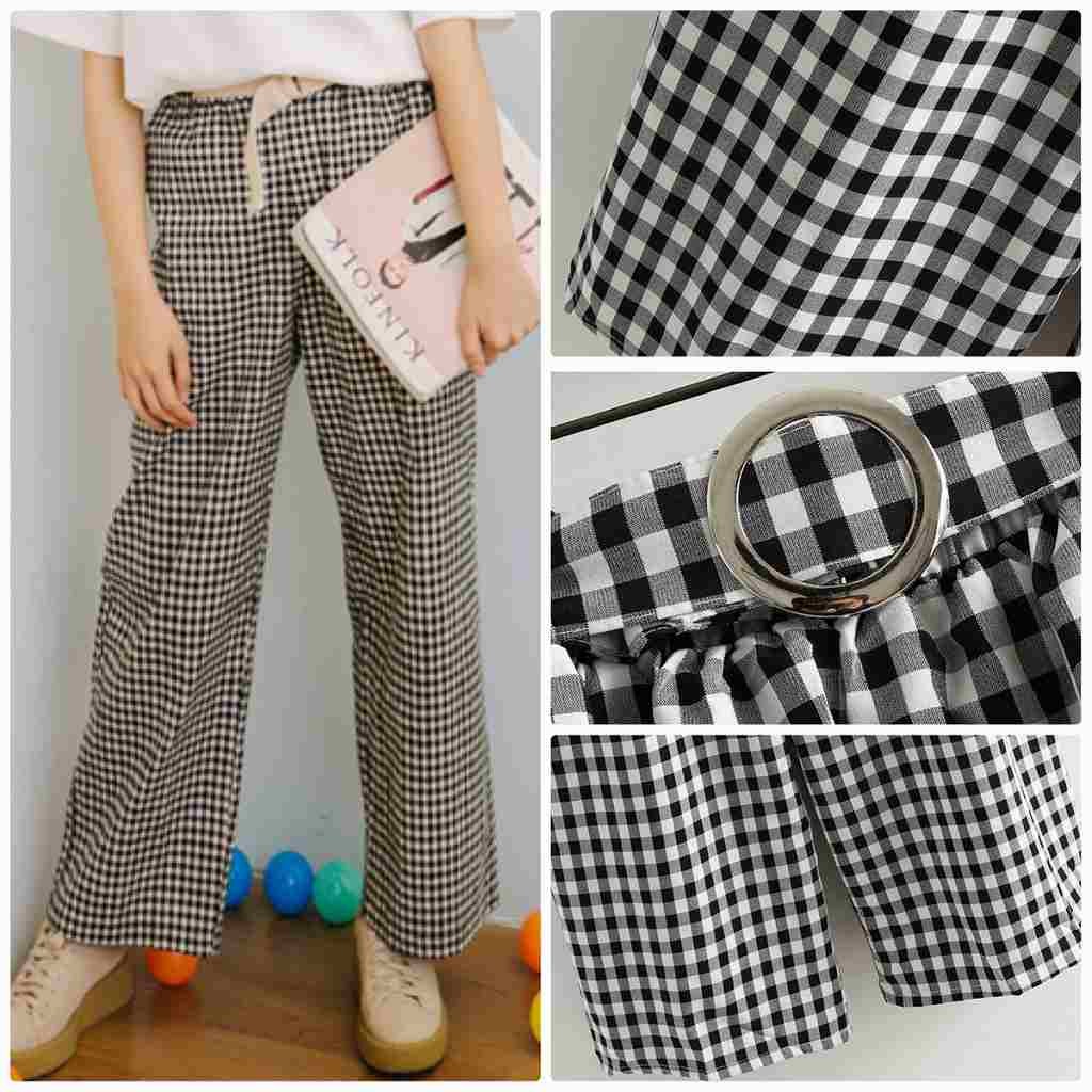 レディース　ボトムス　ワイド　パンツ　チェック　カジュアル　フェミニン　かわいい　シンプル　通勤　OL　普段着　お出かけ　デート　ブラック　送料無料