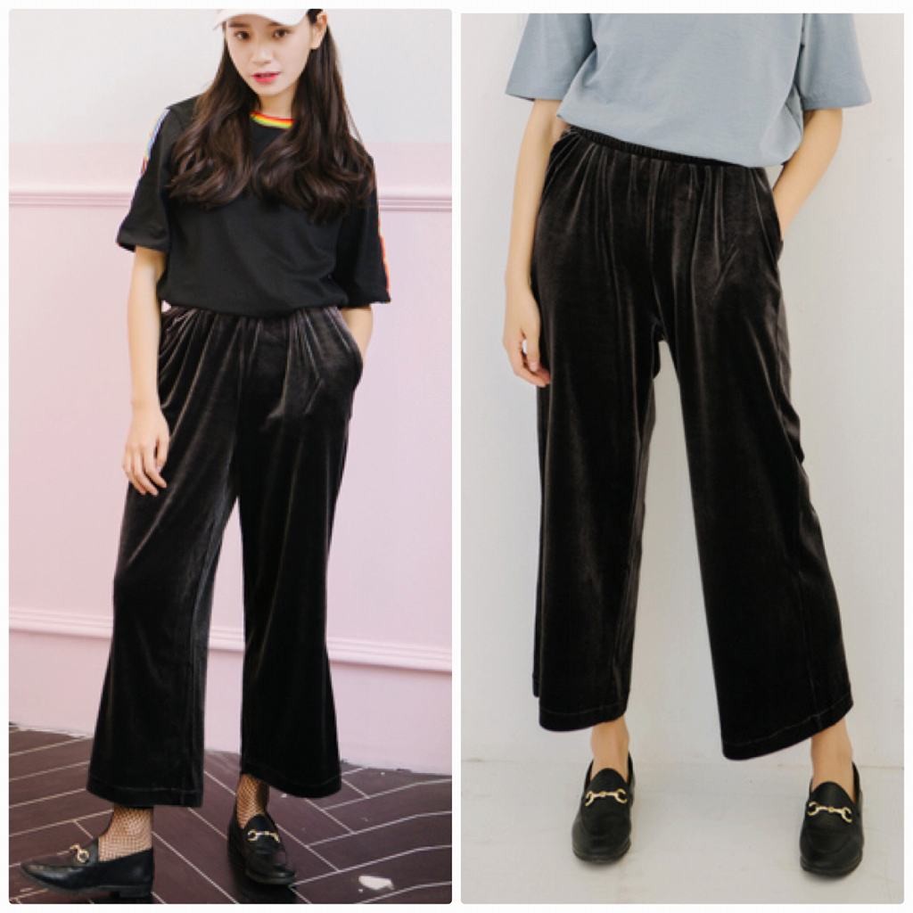 レディース　ボトムス　ワイドレッグ　パンツ　ベルベット　無地　ウエストゴム　アンクル　カジュアル　フェミニン　シンプル　通勤　OL　普段着　お出かけ　ブラック　送料無料