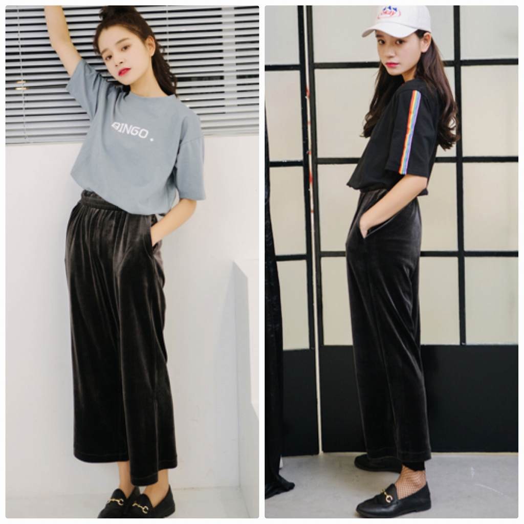 レディース　ボトムス　ワイドレッグ　パンツ　ベルベット　無地　ウエストゴム　アンクル　カジュアル　フェミニン　シンプル　通勤　OL　普段着　お出かけ　ブラック　送料無料