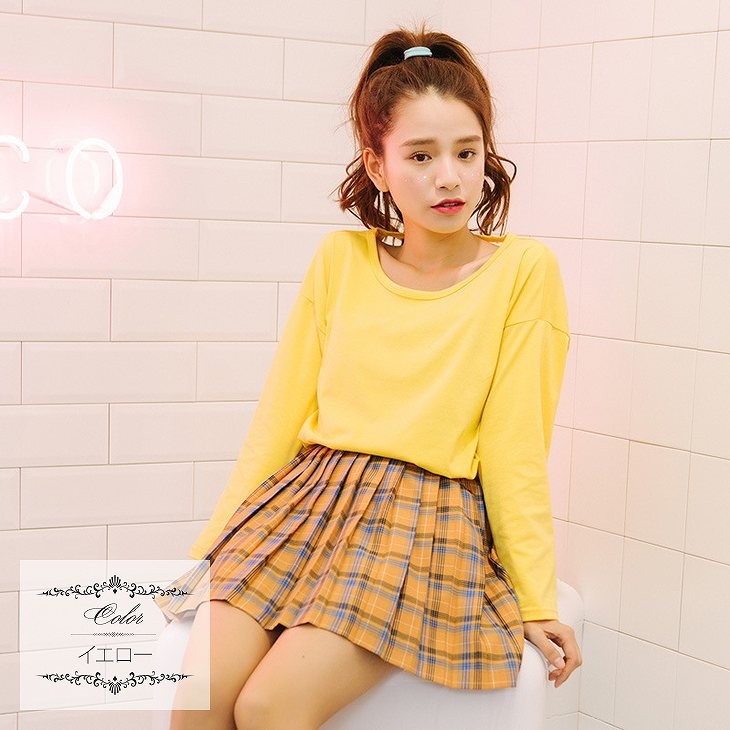 レディース　トップス　Tシャツ　カットソー　ラウンドネック　長袖　無地　大きいサイズ　カジュアル　大人可愛い　フェミニン　オフィス　デート　お出かけ　デイリー　イエロー　ホワイト　送料無料