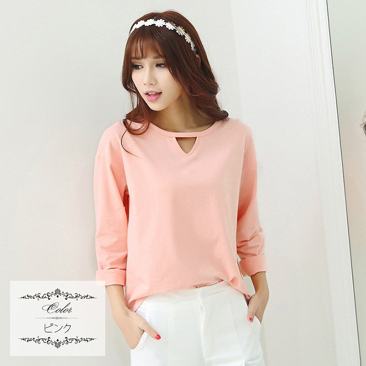 レディース　トップス　Tシャツ　カットソー　ラウンドネック　長袖　無地　カジュアル　大人可愛い　フェミニン　デート　お出かけ　デイリー　ピンク　ブラウン　ブラック　送料無料