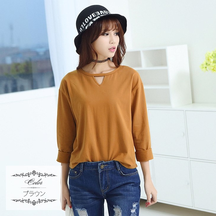 レディース　トップス　Tシャツ　カットソー　ラウンドネック　長袖　無地　カジュアル　大人可愛い　フェミニン　デート　お出かけ　デイリー　ピンク　ブラウン　ブラック　送料無料