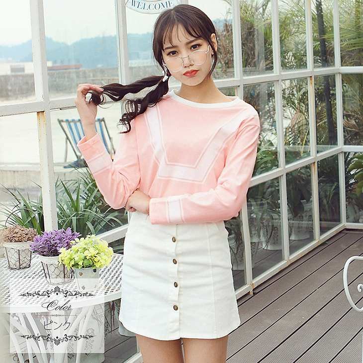 レディース　トップス　Tシャツ　カットソー　ラウンドネック　長袖　ライン　カジュアル　大人可愛い　フェミニン　オフィス　デート　お出かけ　デイリー　イピンク　ホワイト　送料無料