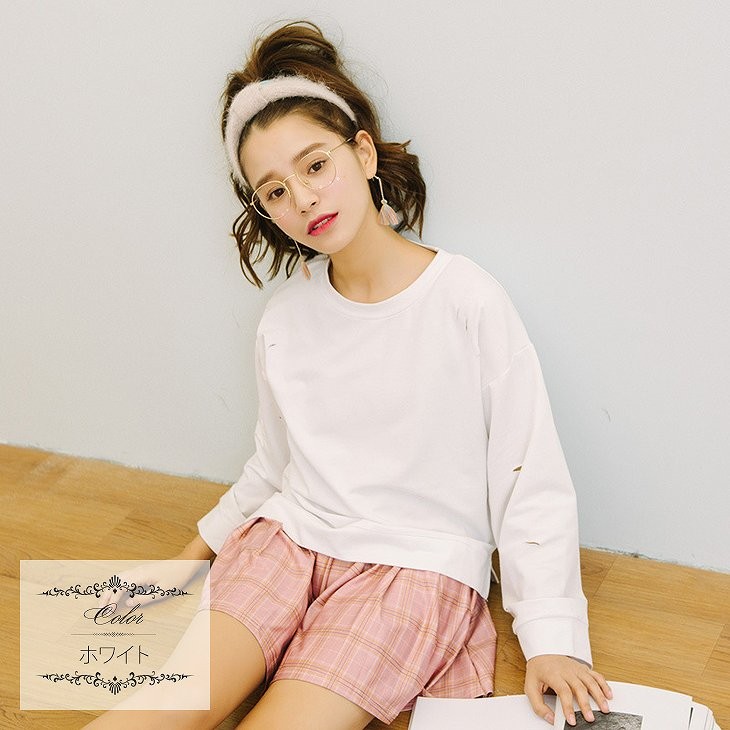 レディース　トップス　Tシャツ　カットソー　ラウンドネック　長袖　ゆるT　コットン　無地　大きいサイズ　カジュアル　大人可愛い　フェミニン　スポーツ　ヨガ　ジョギング　デート　お出かけ　デイリー　ホワイト　ピンク　送料無料