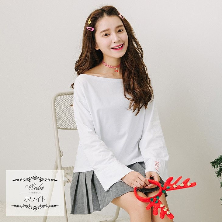 レディース　トップス　Tシャツ　カットソー　オフショルダー　長袖　ゆるT　無地　刺繍　大きいサイズ　カジュアル　大人可愛い　フェミニン　デート　お出かけ　デイリー　ホワイト　ピンク　送料無料