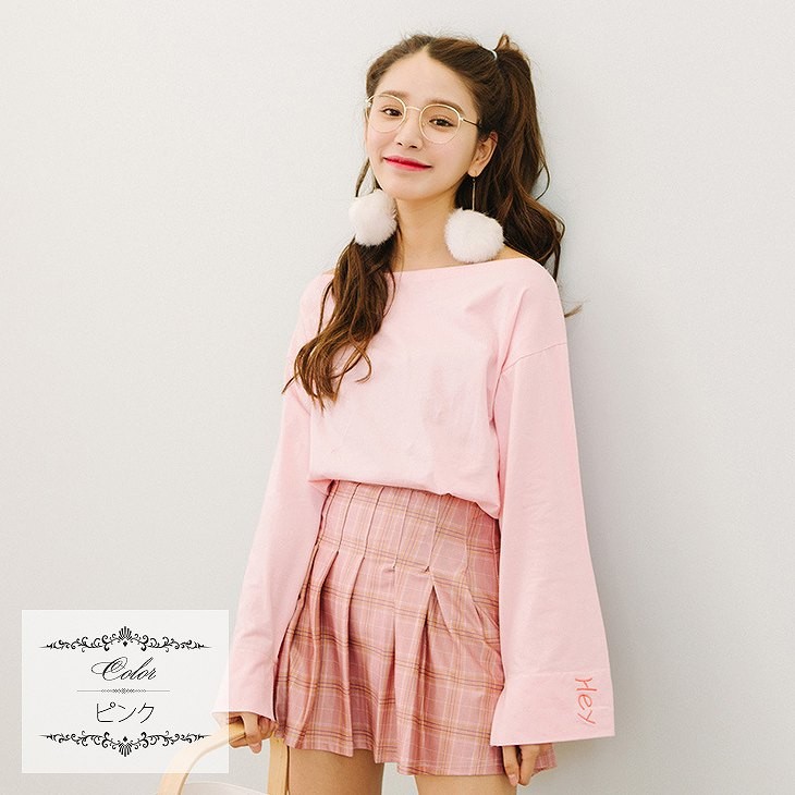 レディース　トップス　Tシャツ　カットソー　オフショルダー　長袖　ゆるT　無地　刺繍　大きいサイズ　カジュアル　大人可愛い　フェミニン　デート　お出かけ　デイリー　ホワイト　ピンク　送料無料