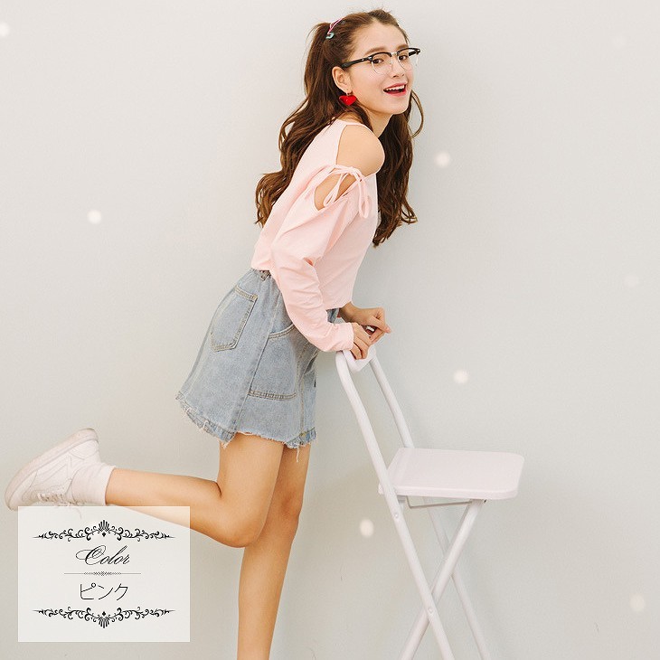 レディース　トップス　Tシャツ　カットソー　ラウンドネック　長袖　コットン　ゆるT　無地　オープンショルダー　大きいサイズ　カジュアル　大人可愛い　フェミニン　デート　お出かけ　デイリー　ピンク　イエロー　ホワイト　送料無料