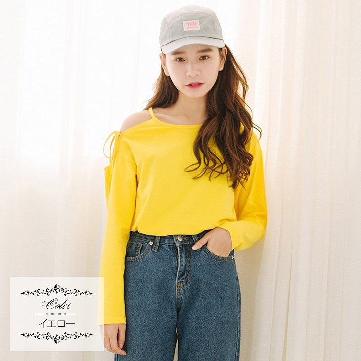レディース　トップス　Tシャツ　カットソー　ラウンドネック　長袖　コットン　ゆるT　無地　オープンショルダー　大きいサイズ　カジュアル　大人可愛い　フェミニン　デート　お出かけ　デイリー　ピンク　イエロー　ホワイト　送料無料