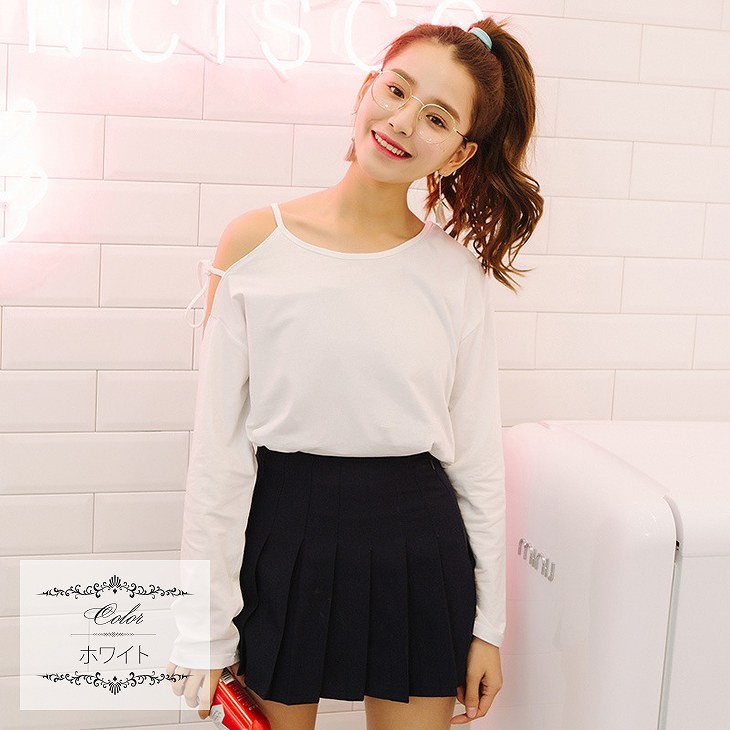 レディース　トップス　Tシャツ　カットソー　ラウンドネック　長袖　コットン　ゆるT　無地　オープンショルダー　大きいサイズ　カジュアル　大人可愛い　フェミニン　デート　お出かけ　デイリー　ピンク　イエロー　ホワイト　送料無料