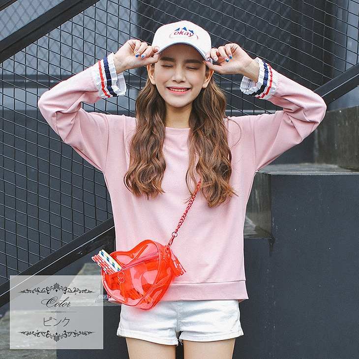 レディース　トップス　Tシャツ　カットソー　ラウンドネック　長袖　ゆるT　無地　ライン　大きいサイズ　カジュアル　大人可愛い　フェミニン　デート　お出かけ　デイリー　ピンク　ブラック　送料無料