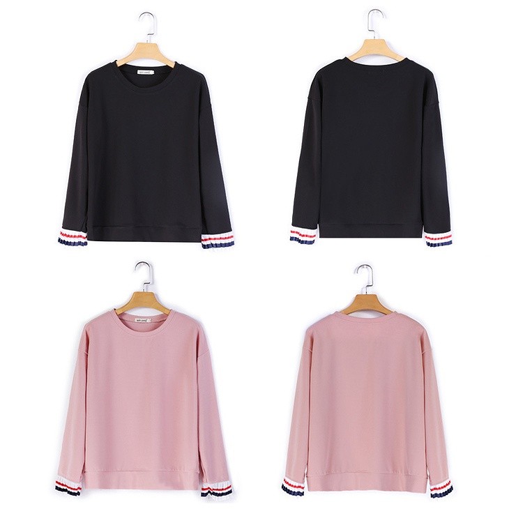 レディース　トップス　Tシャツ　カットソー　ラウンドネック　長袖　ゆるT　無地　ライン　大きいサイズ　カジュアル　大人可愛い　フェミニン　デート　お出かけ　デイリー　ピンク　ブラック　送料無料