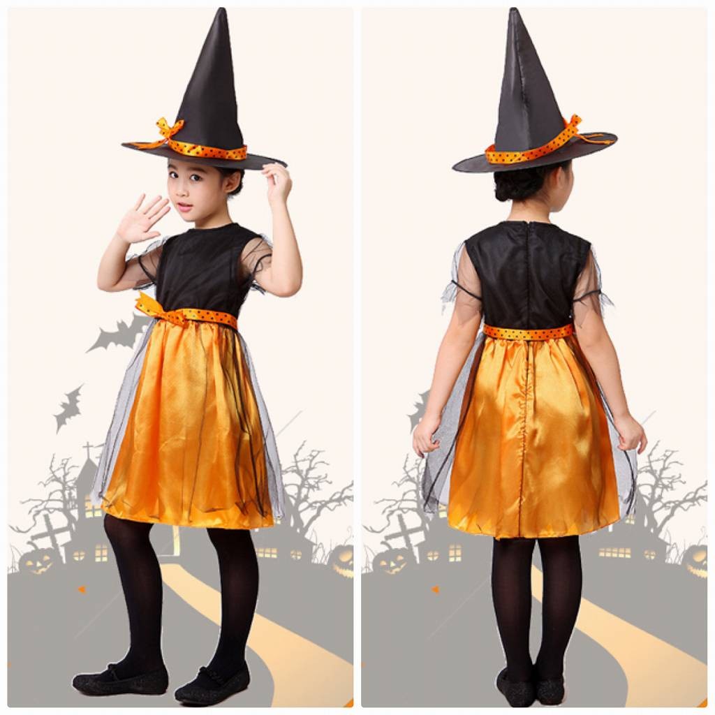 キッズ　コスプレ　子供　女の子　魔女　ハロウィン　コスチューム　仮装　衣装　イベント　ステージ　舞台　演劇　パープル　オレンジ　100　110　120　130　140　150　160　送料無料