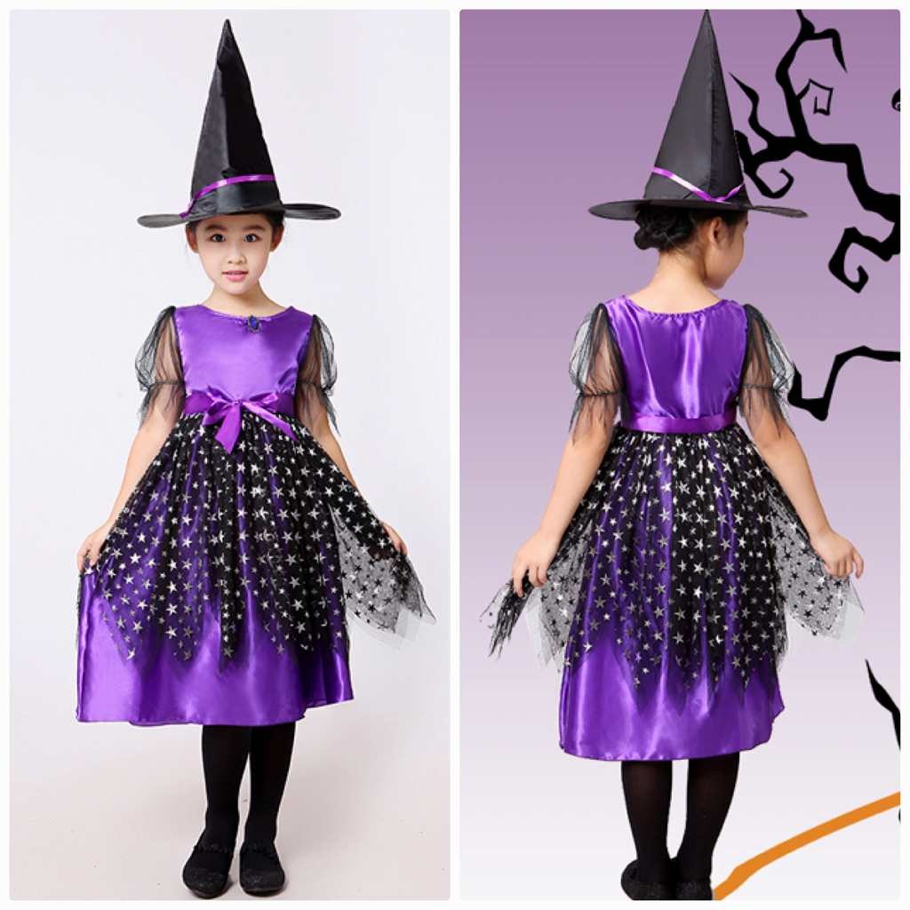 キッズ　コスプレ　子供　女の子　魔女　ハロウィン　コスチューム　仮装　衣装　イベント　ステージ　舞台　演劇　パープル　オレンジ　100　110　120　130　140　150　160　送料無料