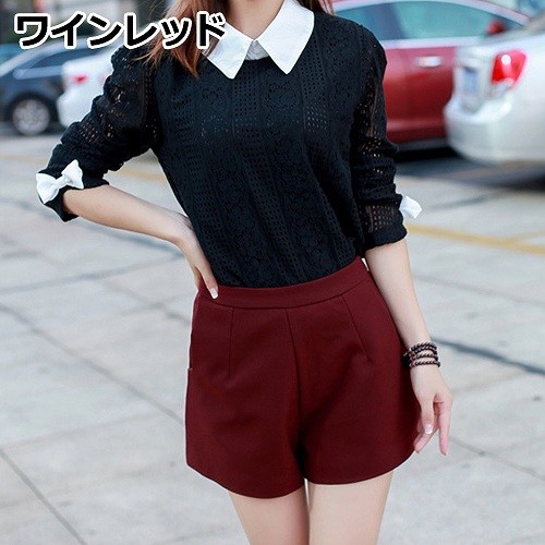 レディース　ボトムス　キュロット　ショート　パンツ　ハイウエスト　スカート　無地　カジュアル　大きいサイズ　シンプル　美脚　脚長　デイリー　お出かけ　デート　ワインレッド　ブラック　ホワイト　レッド　送料無料