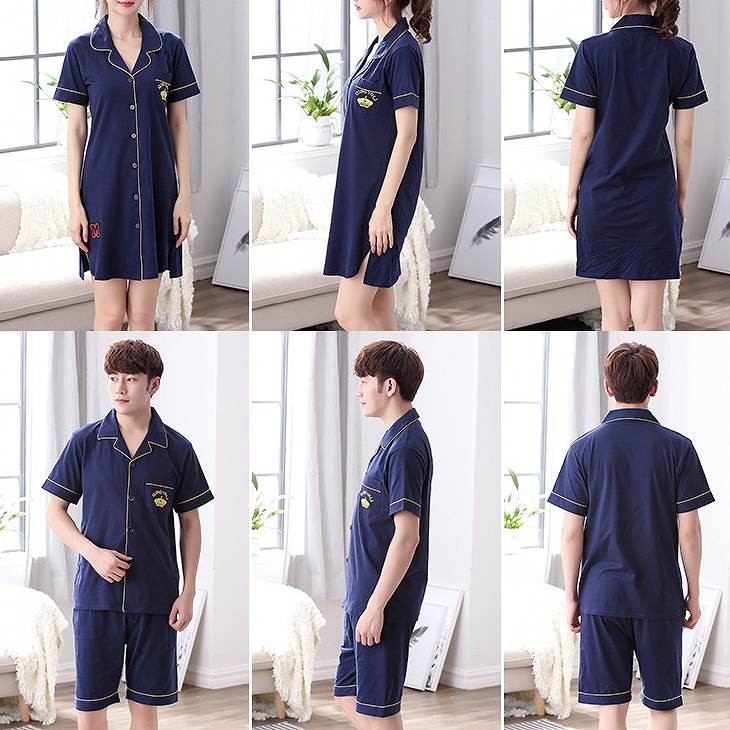 レディース　パジャマ　上下セット　ナイトウェア　半袖トップス　ロングシャツ　コットン　ハーフパンツ　ワンポイント　大きいサイズ　カジュアル　フェミニン　大人可愛い　リラックス　ルームウェア　ラフスタイル　ネイビー　ピンク　送料無料