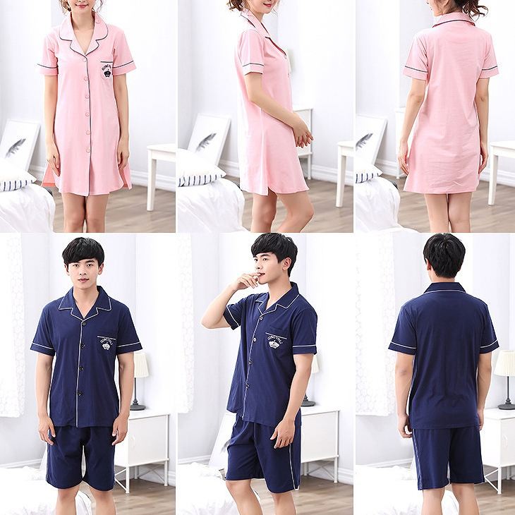 レディース　パジャマ　上下セット　ナイトウェア　半袖トップス　ロングシャツ　コットン　ハーフパンツ　ワンポイント　大きいサイズ　カジュアル　フェミニン　大人可愛い　リラックス　ルームウェア　ラフスタイル　ネイビー　ピンク　送料無料