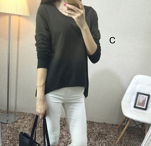 レディース　トップス　グラデーション　カットソー　Tシャツ　ラウンドネック　無地　長袖　シンプル　定番　大人可愛い　大きいサイズ　フェミニン　オフィス　デート　お出かけ　デイリー　ホワイト　グレー　カーキ　送料無料