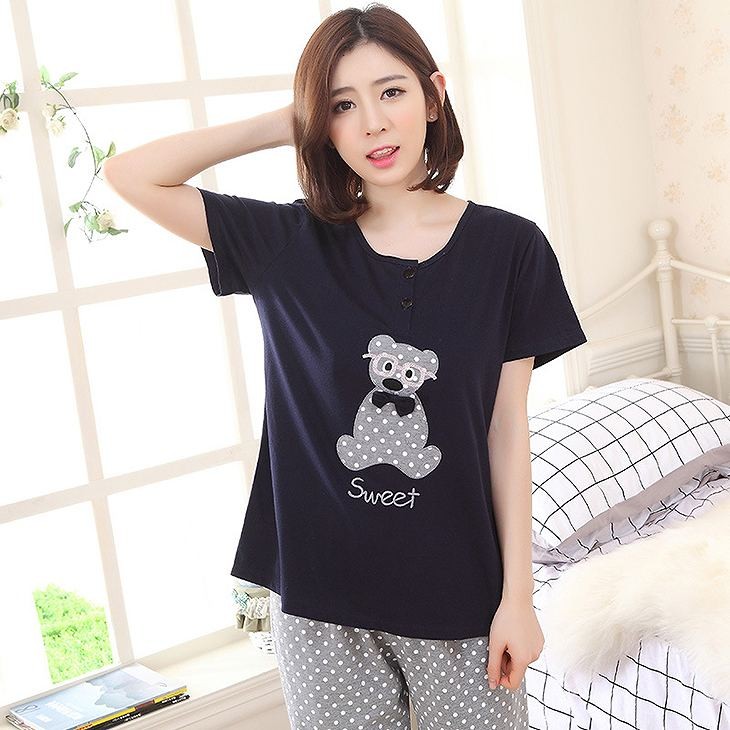 レディース　パジャマ　上下セット　ナイトウェア　半袖Tシャツ　ロングパンツ　ドット　クマ　大きいサイズ　カジュアル　フェミニン　大人可愛い　リラックス　ルームウェア　ラフスタイル　ネイビー　送料無料