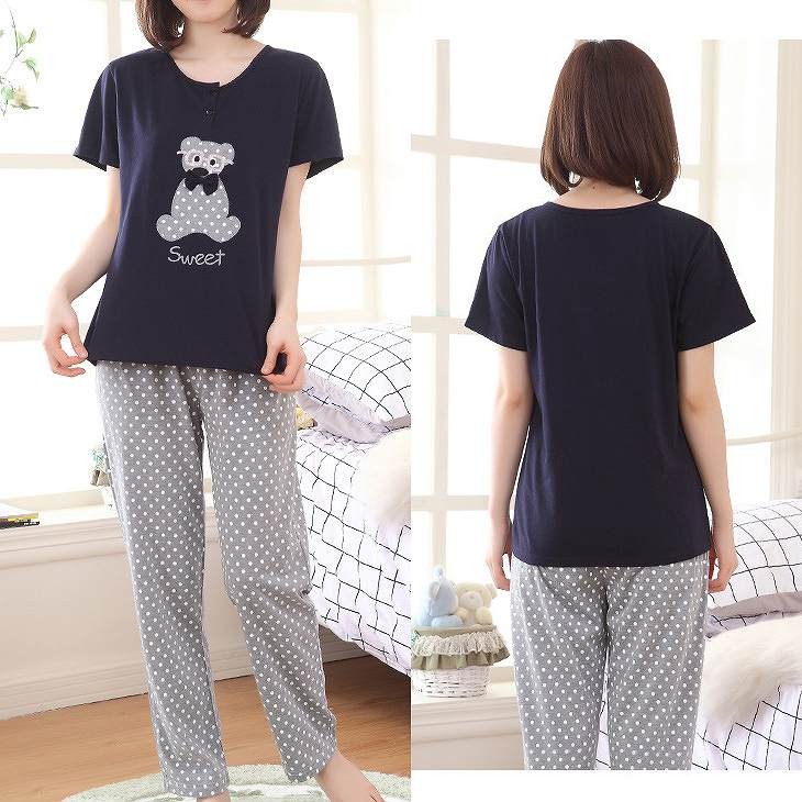レディース　パジャマ　上下セット　ナイトウェア　半袖Tシャツ　ロングパンツ　ドット　クマ　大きいサイズ　カジュアル　フェミニン　大人可愛い　リラックス　ルームウェア　ラフスタイル　ネイビー　送料無料