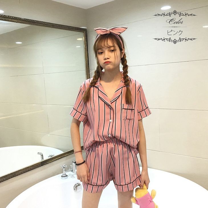 レディース　パジャマ　上下セット　ナイトウェア　半袖シャツ　ショートパンツ　ストライプ　カジュアル　フェミニン　大人可愛い　リラックス　ルームウェア　ラフスタイル　ピンク　ネイビー　送料無料