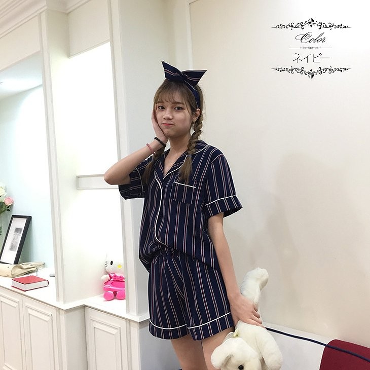 レディース　パジャマ　上下セット　ナイトウェア　半袖シャツ　ショートパンツ　ストライプ　カジュアル　フェミニン　大人可愛い　リラックス　ルームウェア　ラフスタイル　ピンク　ネイビー　送料無料