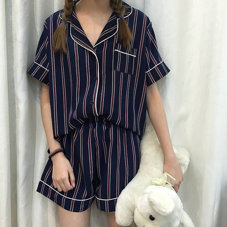 レディース　パジャマ　上下セット　ナイトウェア　半袖シャツ　ショートパンツ　ストライプ　カジュアル　フェミニン　大人可愛い　リラックス　ルームウェア　ラフスタイル　ピンク　ネイビー　送料無料