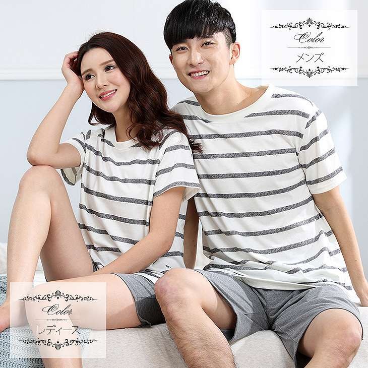 レディース　メンズ　パジャマ　上下セット　ナイトウェア　半袖Tシャツ　ショートパンツ　ボーダー　ペアルック　カップル　お揃い　大きいサイズ　カジュアル　フェミニン　大人可愛い　リラックス　ルームウェア　ラフスタイル　ホワイト×グレー　送料無料