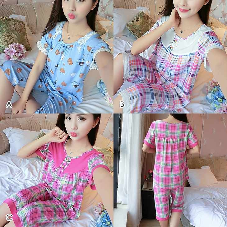 レディース　パジャマ　上下セット　ナイトウェア　半袖トップス　6分丈パンツ　チェック　アニマル　ハート　大きいサイズ　カジュアル　フェミニン　大人可愛い　リラックス　ルームウェア　ラフスタイル　ブルー　ピンク　送料無料