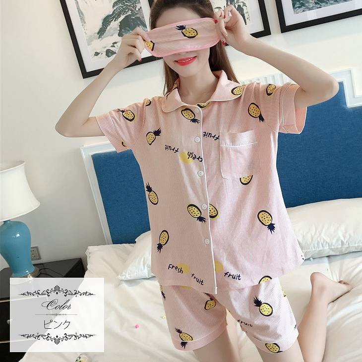 レディース　パジャマ　上下セット　ナイトウェア　半袖トップス　ショートパンツ　パイナップル　カジュアル　フェミニン　大人可愛い　リラックス　ルームウェア　ラフスタイル　ピンク　ブルー　送料無料
