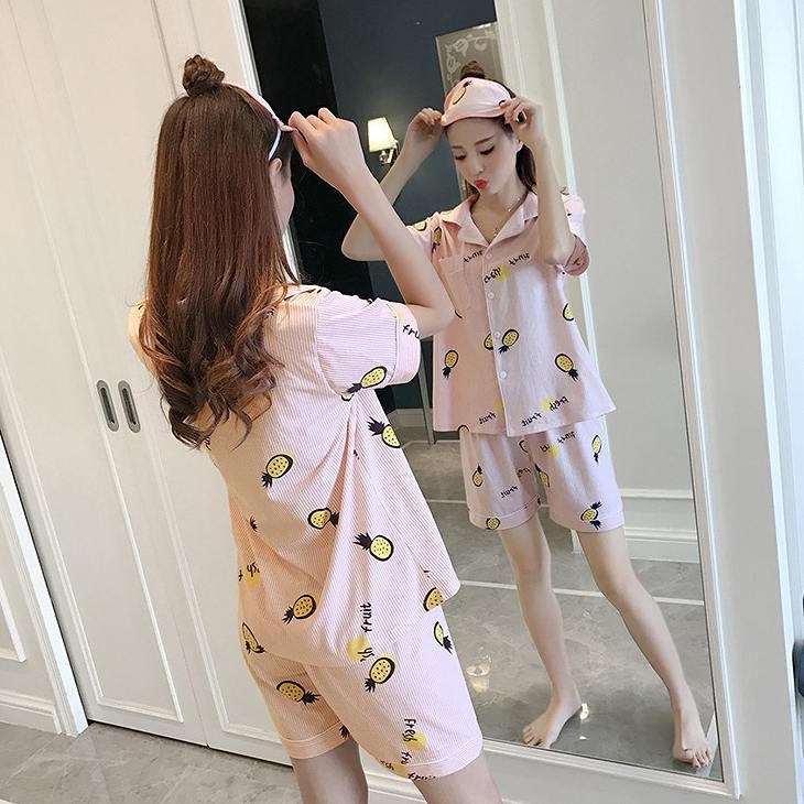 レディース　パジャマ　上下セット　ナイトウェア　半袖トップス　ショートパンツ　パイナップル　カジュアル　フェミニン　大人可愛い　リラックス　ルームウェア　ラフスタイル　ピンク　ブルー　送料無料