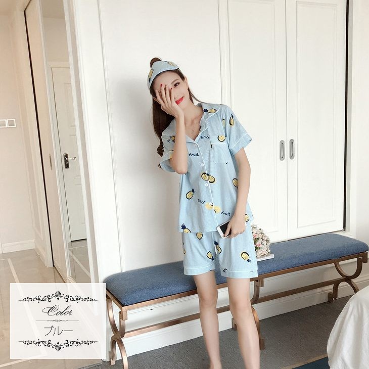 レディース　パジャマ　上下セット　ナイトウェア　半袖トップス　ショートパンツ　パイナップル　カジュアル　フェミニン　大人可愛い　リラックス　ルームウェア　ラフスタイル　ピンク　ブルー　送料無料