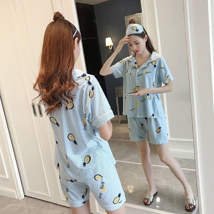 レディース　パジャマ　上下セット　ナイトウェア　半袖トップス　ショートパンツ　パイナップル　カジュアル　フェミニン　大人可愛い　リラックス　ルームウェア　ラフスタイル　ピンク　ブルー　送料無料