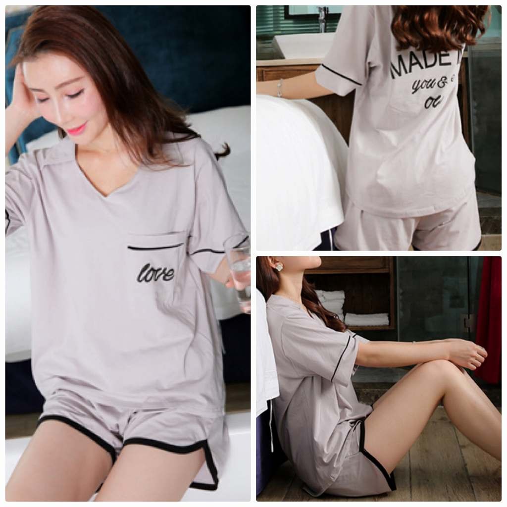 レディース　パジャマ　ナイトウェア　半袖　Tシャツ　Vネック　短パン　襟付き　夏　綿100%　上下セット　部屋着　ルームウェア　シンプル　カジュアル　キュート　かわいい フェミニン　グレー　グリーン　ピンク　送料無料