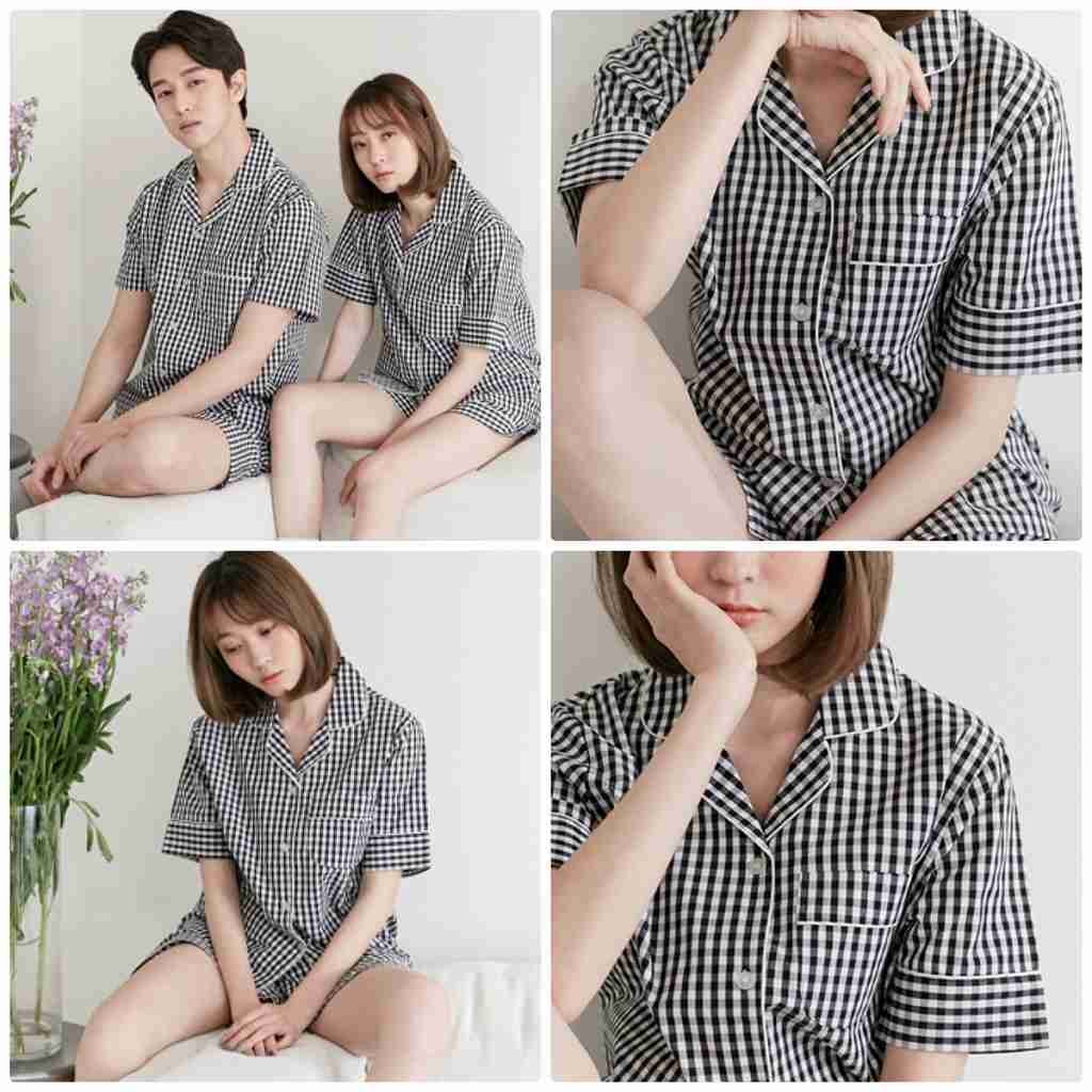 レディース　パジャマ　ナイトウェア　半袖　ギンガムチェック　前開き　短パン　ワンピース　メンズ　ペア　お揃い　夏　上下セット　部屋着　ルームウェア　シンプル　キュート　かわいい 　フェミニン　送料無料