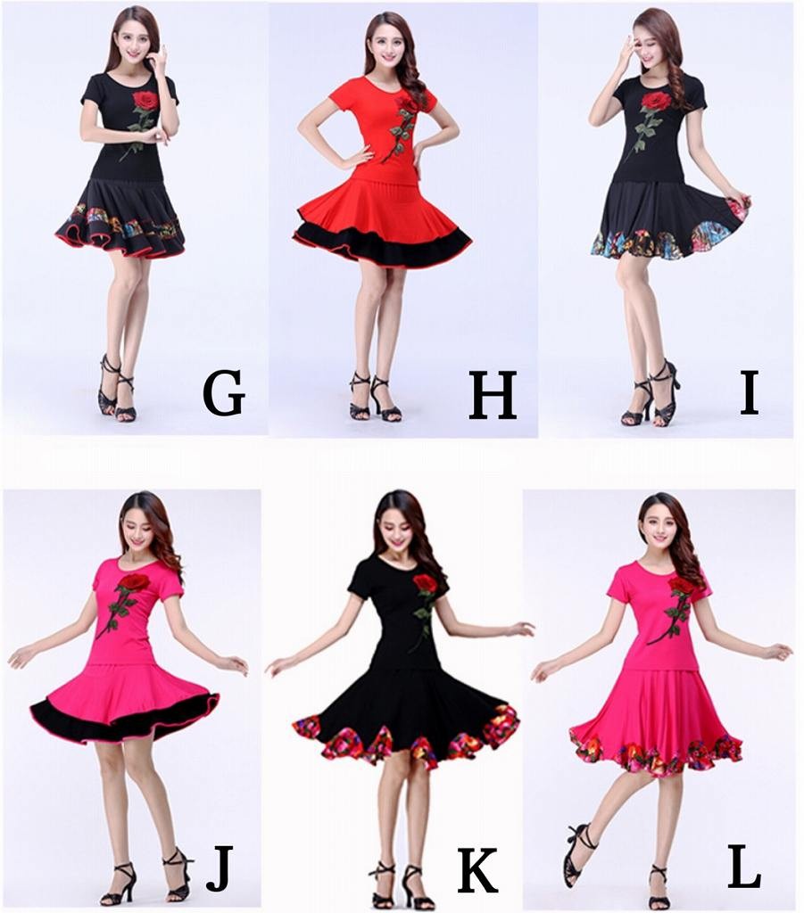 レディース　ダンスウェア　衣装　Tシャツ　フレアスカート　上下セット　ドレス　社交ダンス　スクエアダンス　フォークダンス　演劇　ステージ　花柄　薔薇　バラ　フェミニン　エレガント　セクシー　大きいサイズ　ブラック　レッド　送料無料
