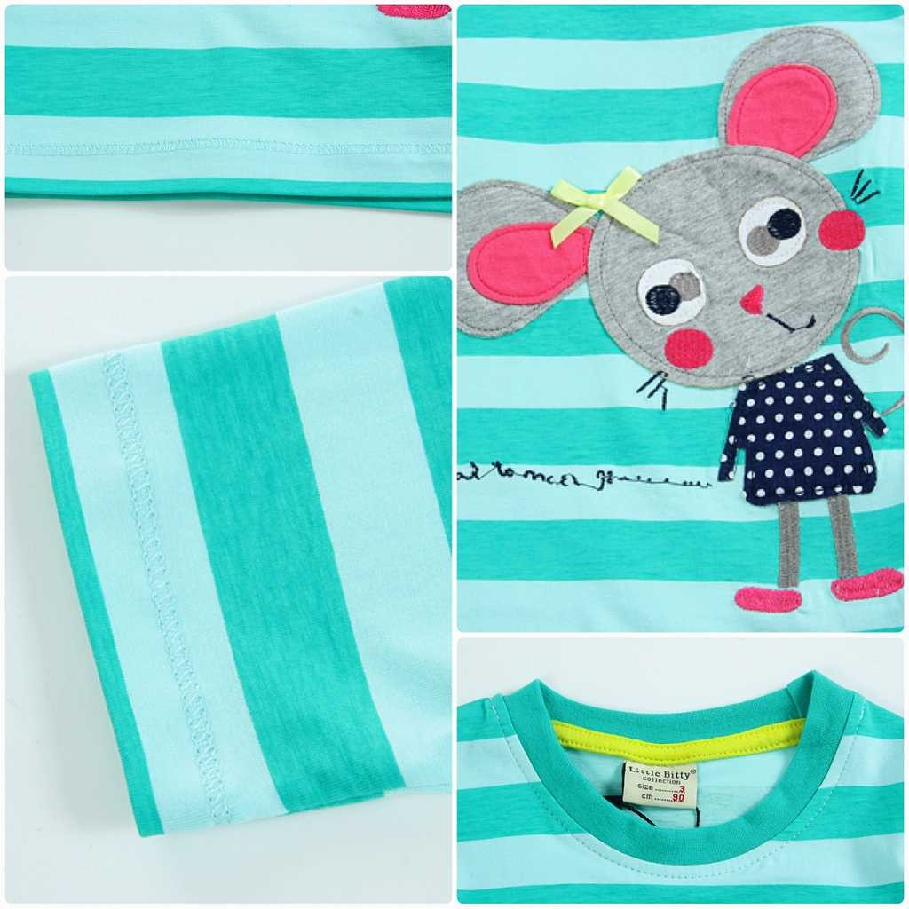 キッズ　ねずみ　ロングTシャツ　コットン　クルーネック　刺繍　ロングスリーブ　トップス　ボーダー　女の子　可愛い　キュート　子供　ジュニア　グリーン　緑色　2T　3T　4T　サイズ　送料無料