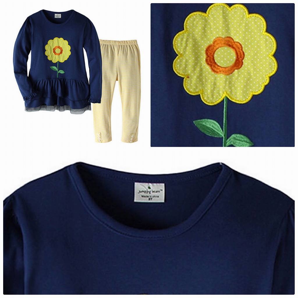 キッズ　2点セット　ロングTシャツ　花柄　クルーネック　ロングスリーブ　パンツ　ズボン　ボトムス　ボーダー　トップス　女の子　可愛い　キュート　子供　ジュニア　ネイビー　イエロー　紺　黄色　80　90　100　110　120　130　cm　小さいサイズ　送料無料