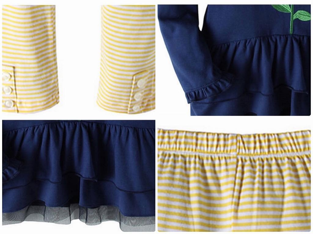 キッズ　2点セット　ロングTシャツ　花柄　クルーネック　ロングスリーブ　パンツ　ズボン　ボトムス　ボーダー　トップス　女の子　可愛い　キュート　子供　ジュニア　ネイビー　イエロー　紺　黄色　80　90　100　110　120　130　cm　小さいサイズ　送料無料