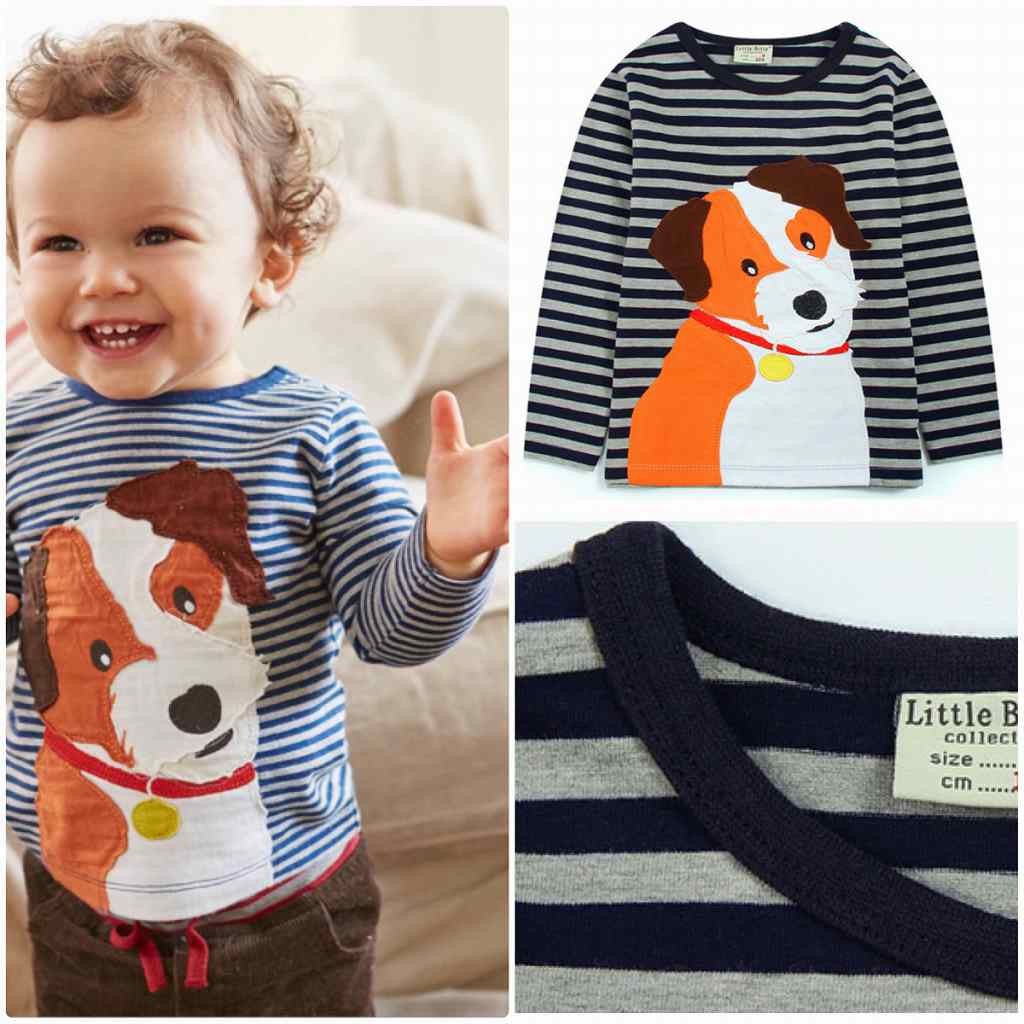 キッズ　ロングTシャツ　犬　ワンちゃん　クルーネック　ロングスリーブ　ボーダー　トップス　男の子　可愛い　キュート　子供　ジュニア　ブラック　黒色　80　90　100　110　120　130　cm　サイズ　送料無料