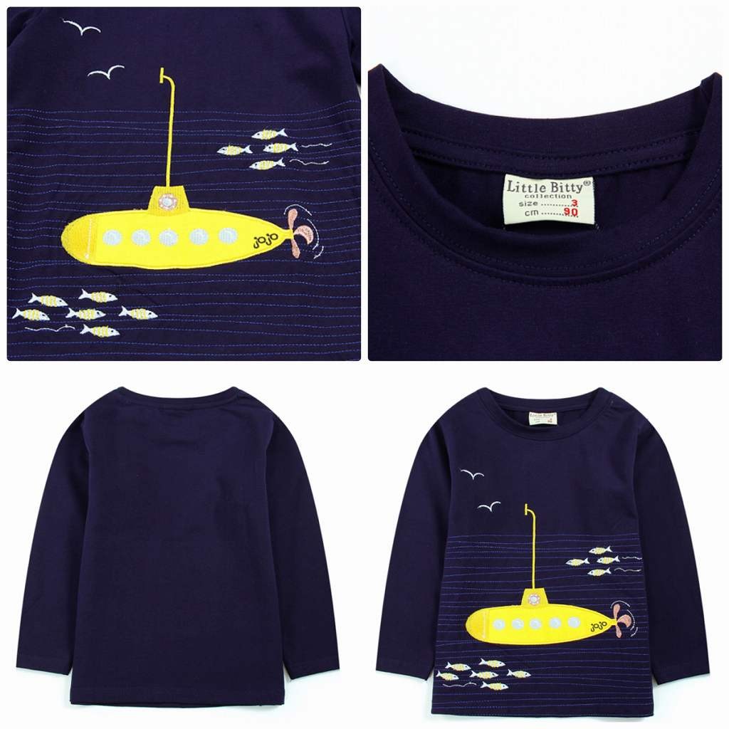 キッズ　ロングTシャツ　潜水艦　クルーネック　ロングスリーブ　トップス　女の子　可愛い　キュート　子供　ジュニア　ネイビー　紺色　80　90　100　110　120　130　cm　サイズ　送料無料