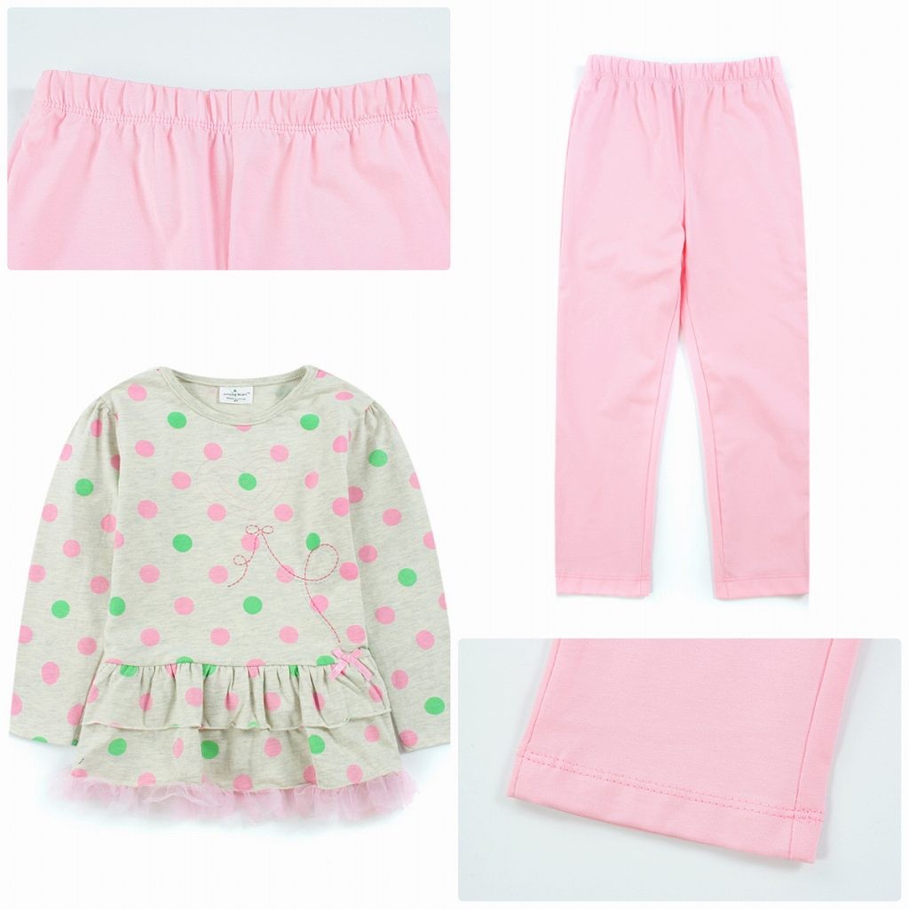 キッズ　2点セット　ロングTシャツ　フリル　ドット　クルーネック　ロングスリーブ　トップス　パンツ　ズボン　ボトムス　女の子　可愛い　キュート　子供　ジュニア　ピンク　グレー　灰色　80　90　100　110　120　130　cm　サイズ　送料無料