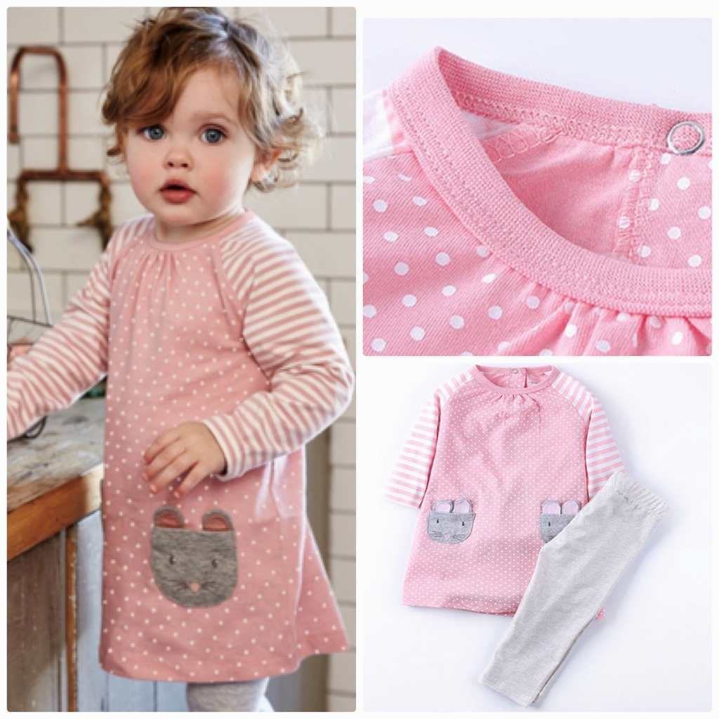 キッズ　2点セット　ロングTシャツ　ロング丈　ワンピース　ドット　クルーネック　ロングスリーブ　トップス　パンツ　スパッツ　ボトムス　女の子　可愛い　キュート　子供　ジュニア　ピンク　グレー　灰色　80　90　100　110　120　130　cm　サイズ　送料無料